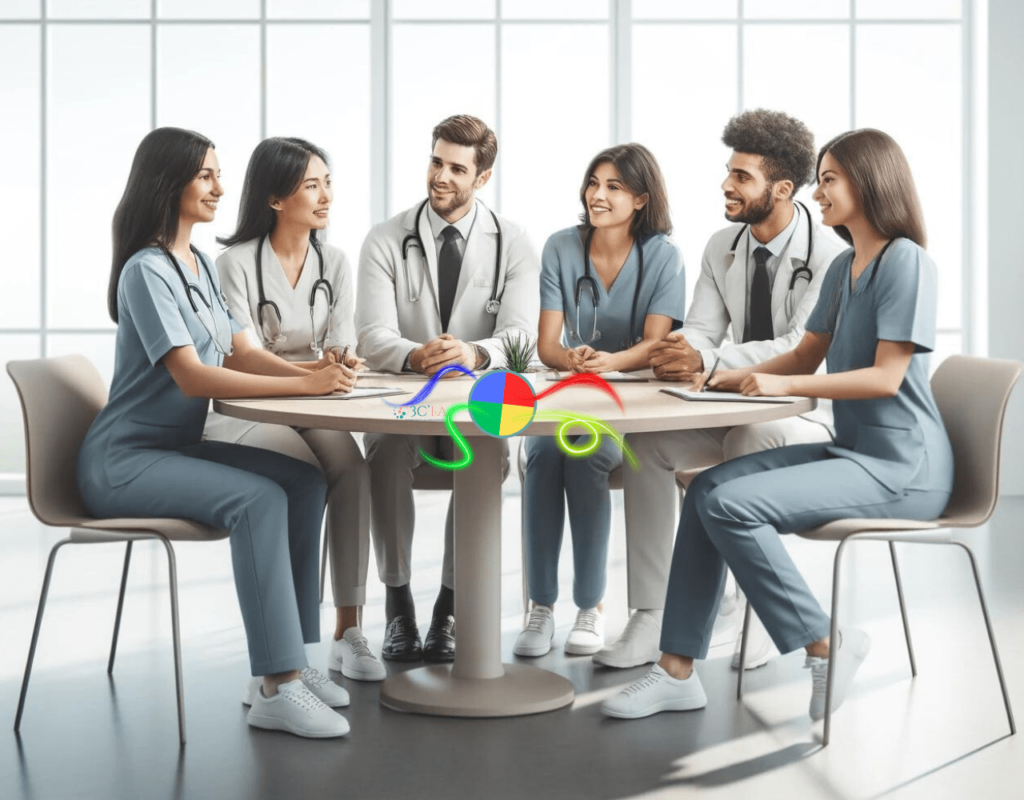 Equipe de Santé en réunion entrain de communiquer, travailler via l'outil de communication DISC.