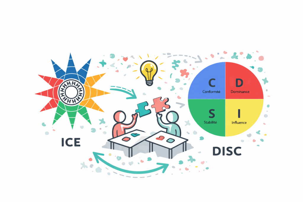 Lien atelier ICE indice cohésion d'équipe avec formations DISC de Marston et ateliers de facilitation intelligence collective Isabelle BOULZE 3C'ISA TARN 
